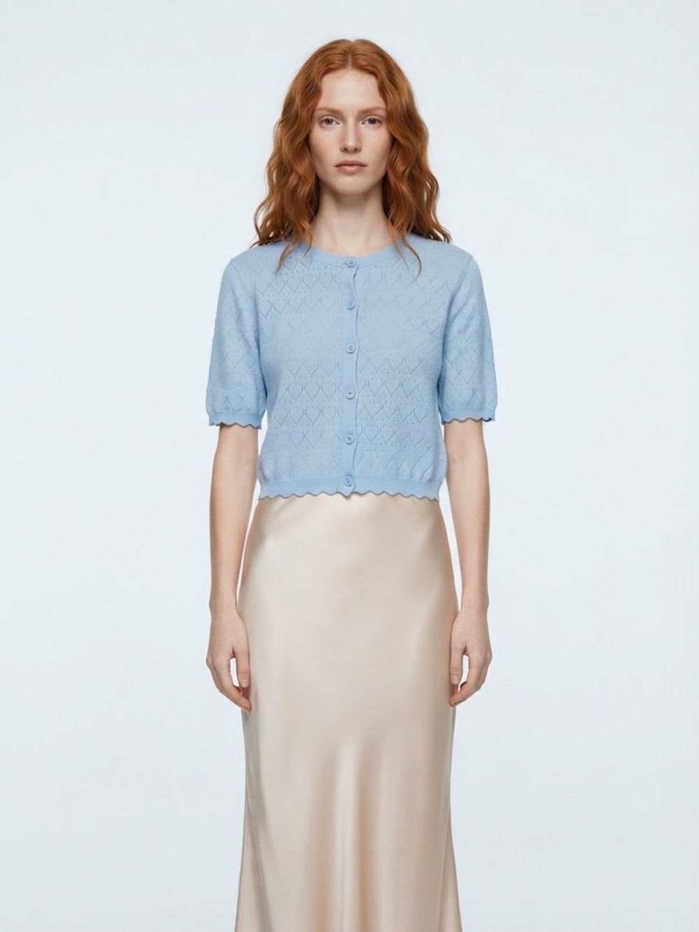 Zara Light Blue Pointelle Scalloped Cropped Cardigan Size M
